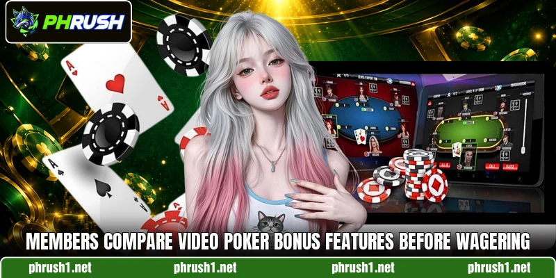Members compare video poker bonus features before wagering